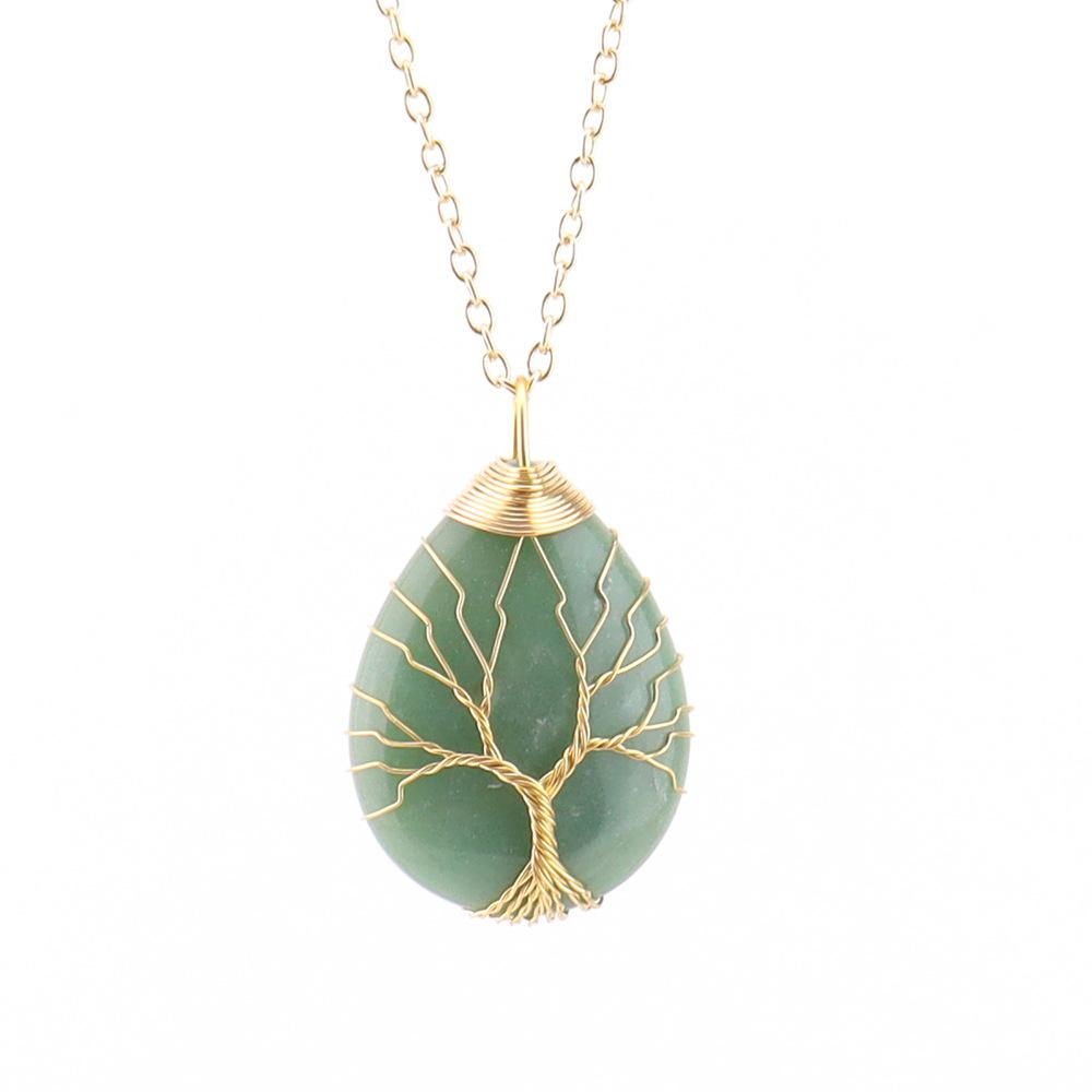 Natural Crystal Water Drop Leaf & Tree of Life Pendant Necklace for Women, Alloy Woven Jewelry Accessory N749