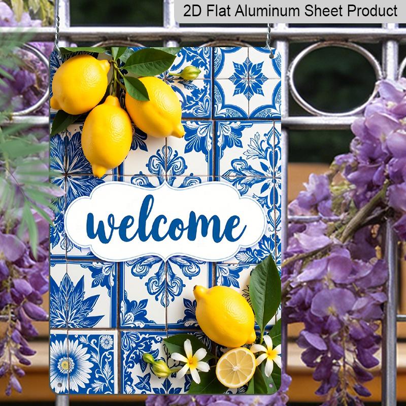 2D Flat, 12.0x8.0inch Metal Welcome Sign - Blue and White Tile Lemon Design with Floral Accents, Mediterranean Style Outdoor Wall Art, Durable