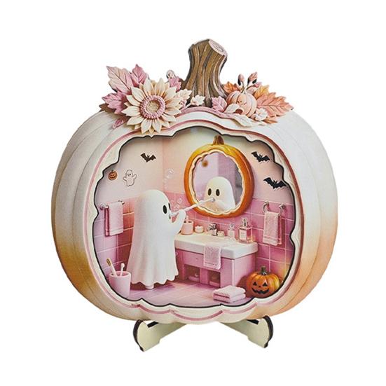 Cute Pastel Pumpkin Ornament Halloween Ghost Wooden Plaque, 2D Flat Tabletop Sign, Desktop Festive Home Accessory Spooky Bathing Reading for