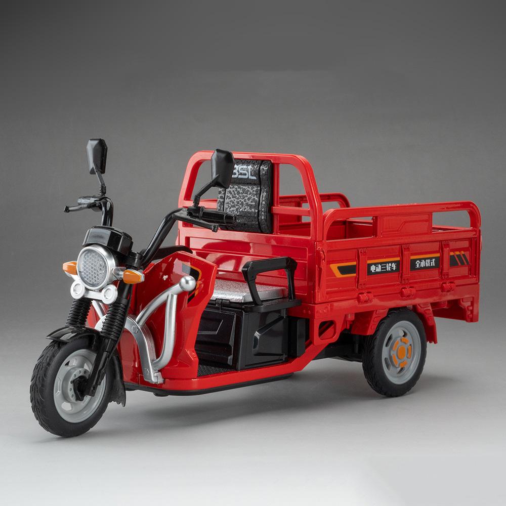 1:12 Electric Tricycle Alloy Model Car Toys Diecast Motorcycle Front Wheel Steering Sound Light Pull Back Vehice Boy Collect Toy