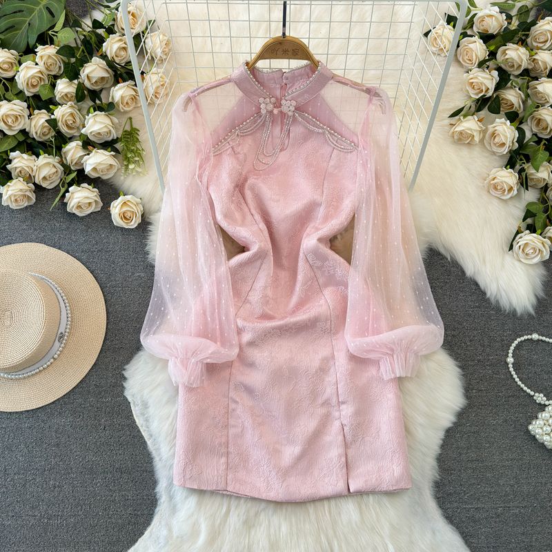 

Retro Chinese Style Elegant Stand-up Collar Cinched Dress Beaded Pink L