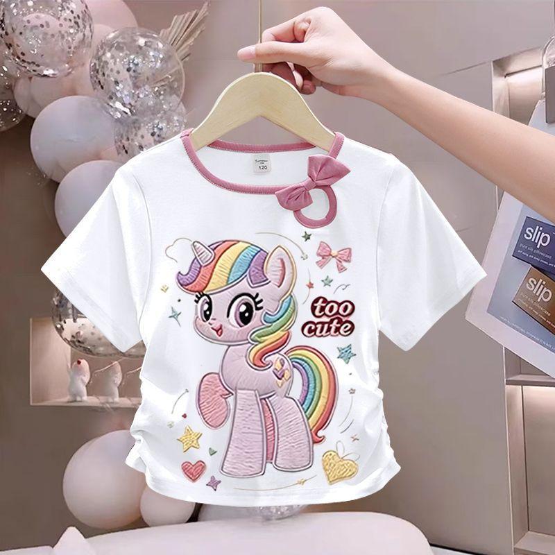 Girls' Fashionable Bow Tie Top for Summer, Children's Round-neck Short-sleeved Pure Cotton T-shirt