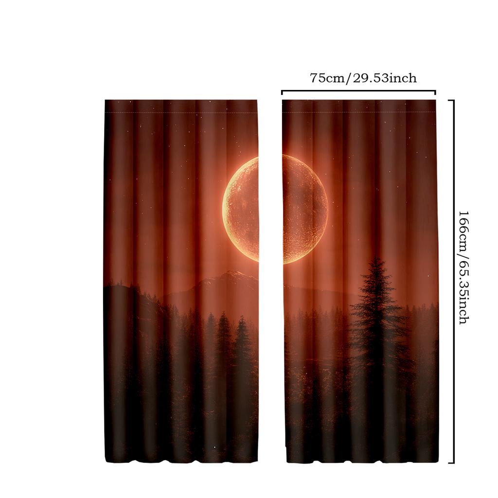 2pcs Abstract Moon and Forest Curtains with Full Moon and Colorful Landscape, Polyester
