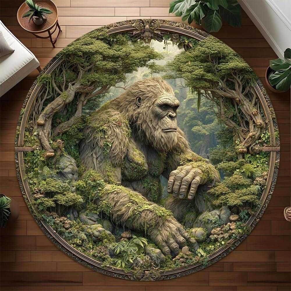Gorilla Forest Round Rug Mysterious Low Poly Pine Woods Non-Slip Soft Floor Mat Gothic Outdoor Themed Home Decor Carpet