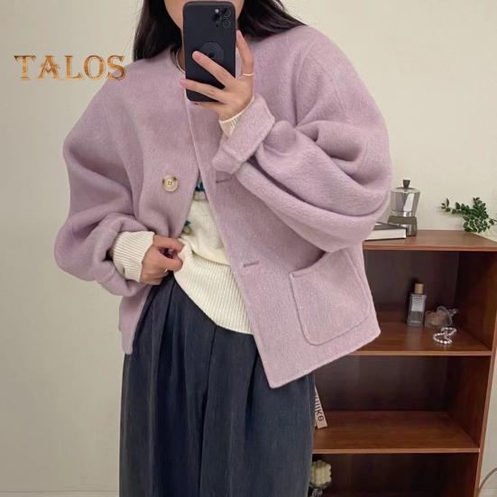 Fall Winter Women Jacket Crew Neck Single-breasted with Side Pockets Loose Short Type Woolen Jacket Shopping Commuting Daily Coat