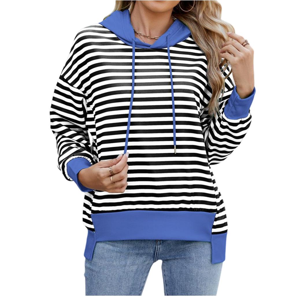 Damen Modischer Lässiger Gestreifter Kapuzenpullover mit Tasche Locker Langärmlig