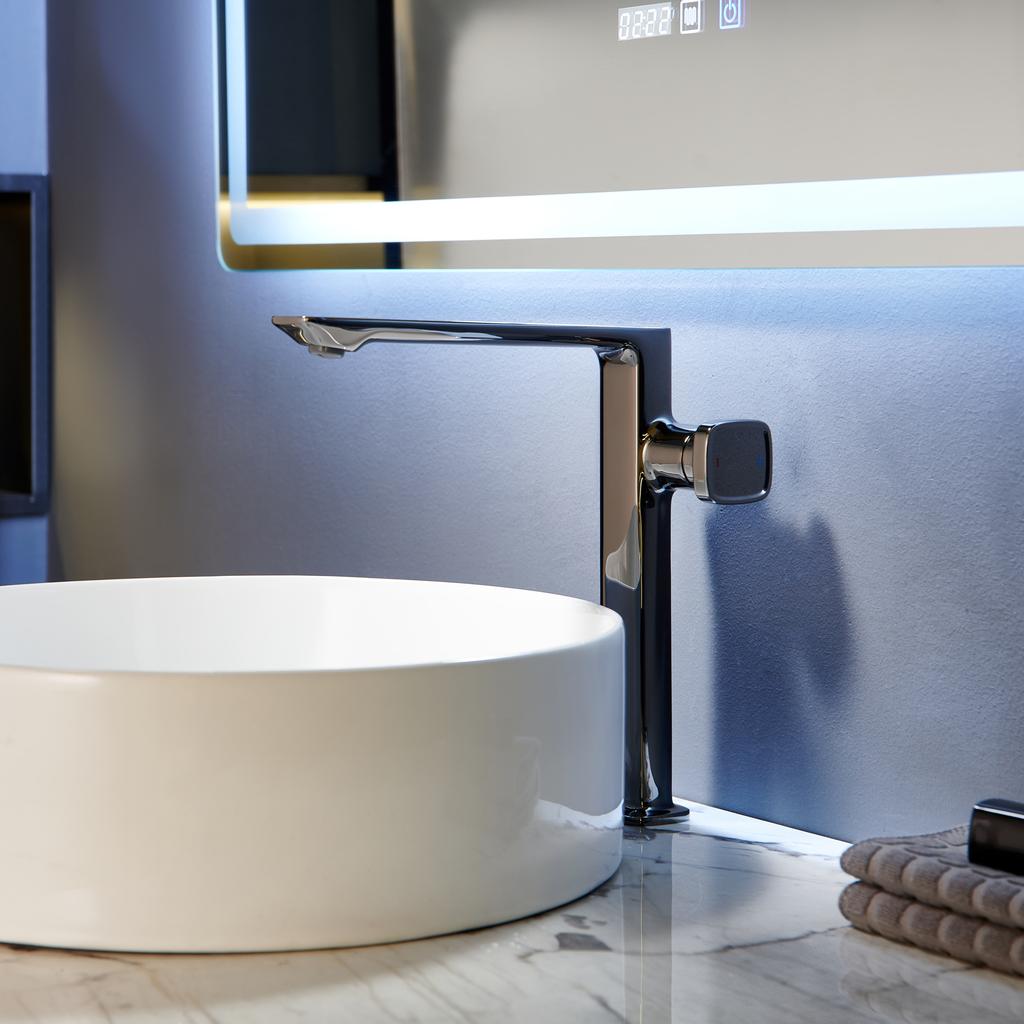 Minimalist Polished Black Basin Mixer Tap Tall Body Square Knob Solid Brass Bathroom Sink Faucet Counter Top Lavatory Tap