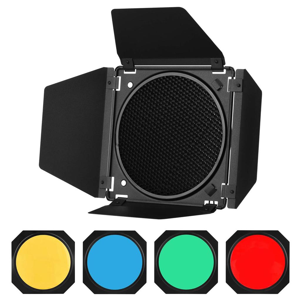 Barn Door+Honeycomb Grid + 4 Color Filter For Bowen Mount Standard Reflector Photography Studio Flash Accessories