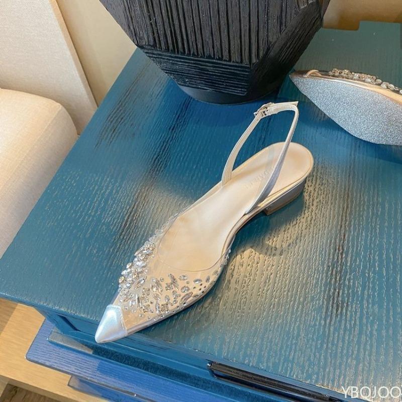 Fashion Summer pointed rhinestone transparent low heel flat sandals spring  summer new styles niche Baotou style women's shoes