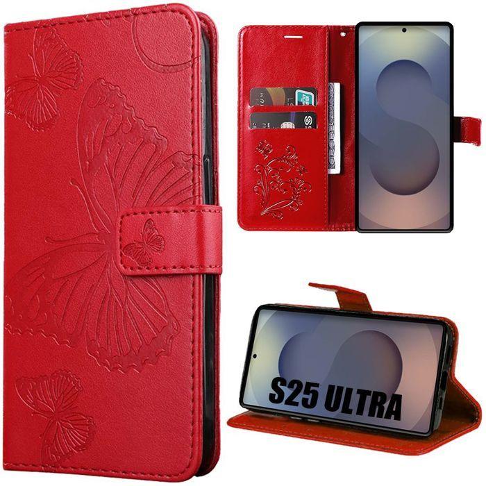 Coque de protection - BOOLING - pour Samsung Galaxy S25 Ultra - Effet cuir rouge - Motif papillon - Antichoc