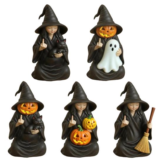 Halloween Ornament Dark Humor Witchcraft Vibe Creepy Witch Statue Black Robe Cat Themed Resin Home Decor