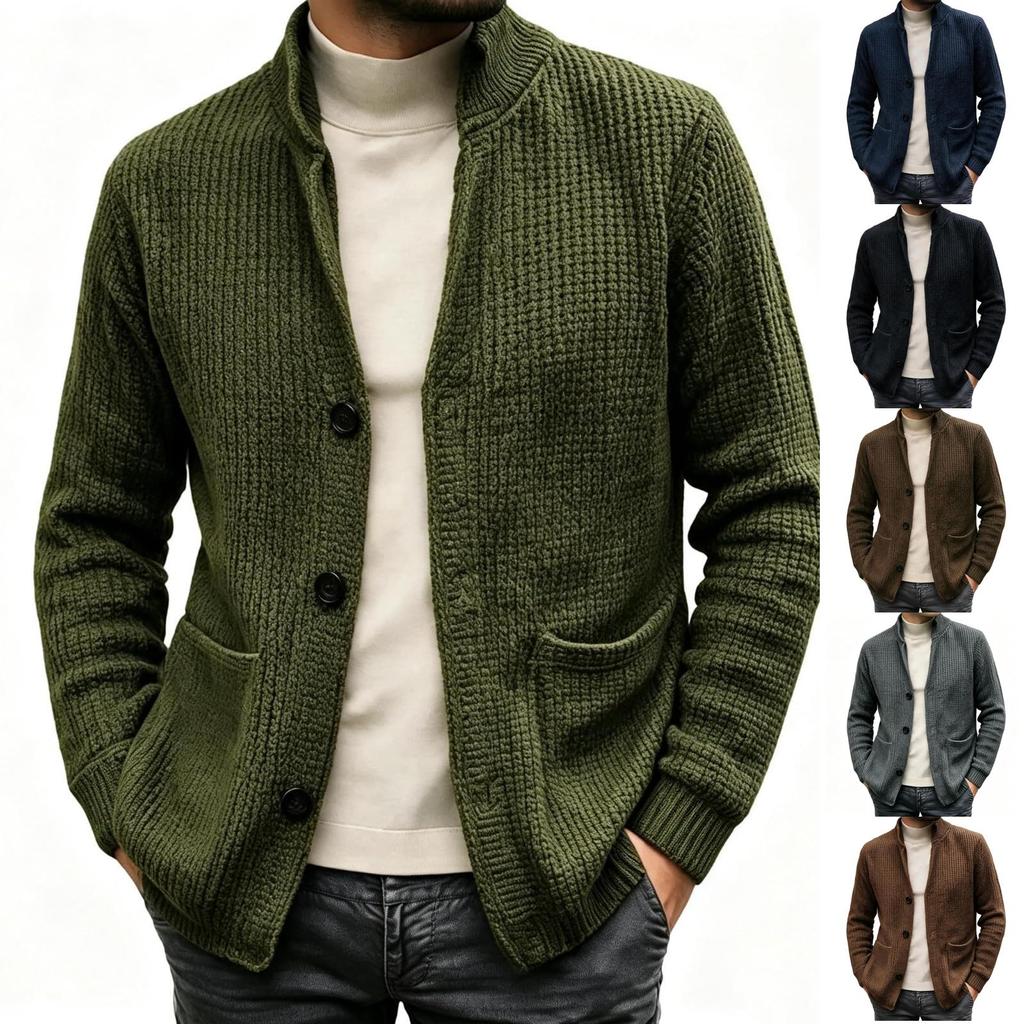 Men's Knit Cardigan, Stand Collar Button-Down Sweater Jacket with Pockets for Fall Winter