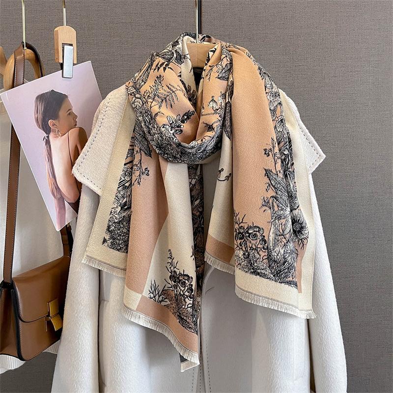 Luxury Winter Print Scarf for Women Cashmere Blanket Warm Pashmina Foulard Shawls Wraps Female Thick Soft Bufanda Scarves Stole