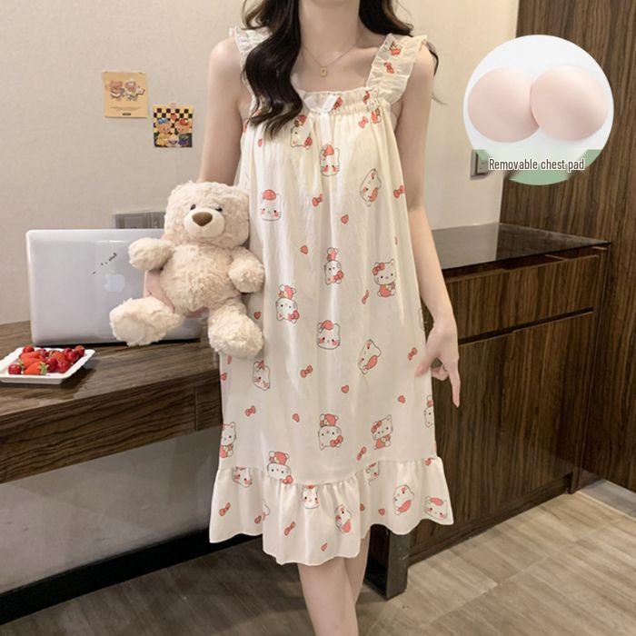 Damen Sommer Süßes Bubble Baumwoll Nachthemd mit Brustpolster Spaghettiträgern - Leichte, Stilvolle Homewear für Drinnen und Draußen