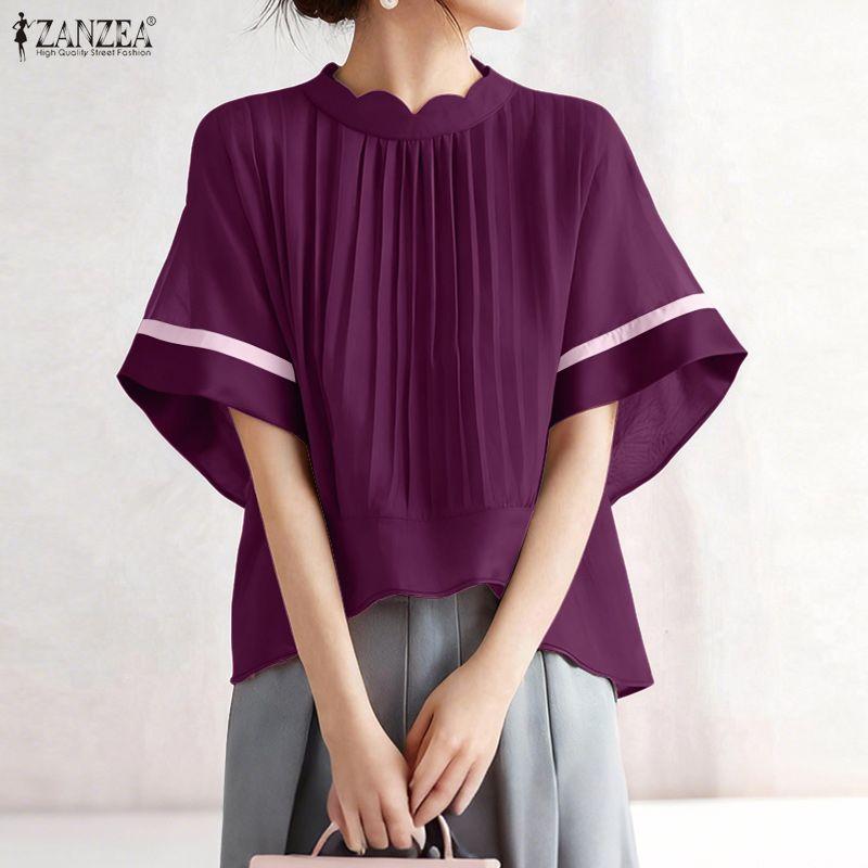 ZANZEA Women Casual Stand Collar Loose Short Sleeve Blouse
