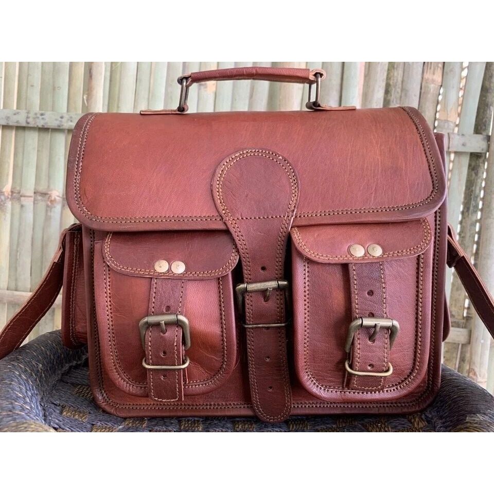 Men's goat leather messenger Real satchel bag genuine laptop brown