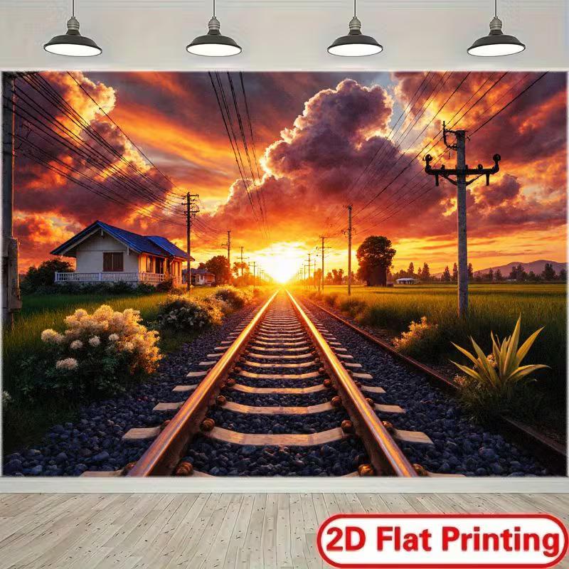 

2D Rural Railroad Sunset Background for Travel & Themed Parties 47.2x31.5inch/120*80cm