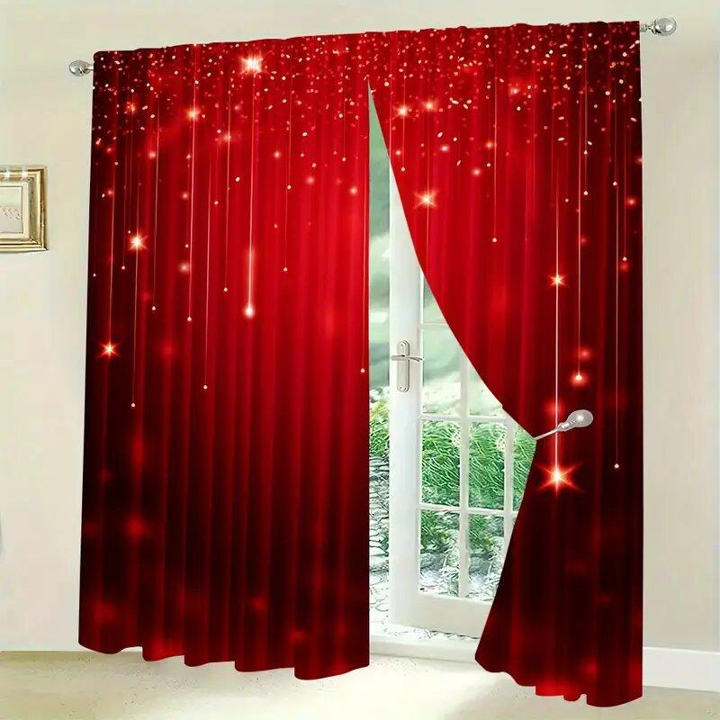 2pcs - Christmas Curtains, Christmas Golden Star red polyester printed curtains, home decoration, room decoration