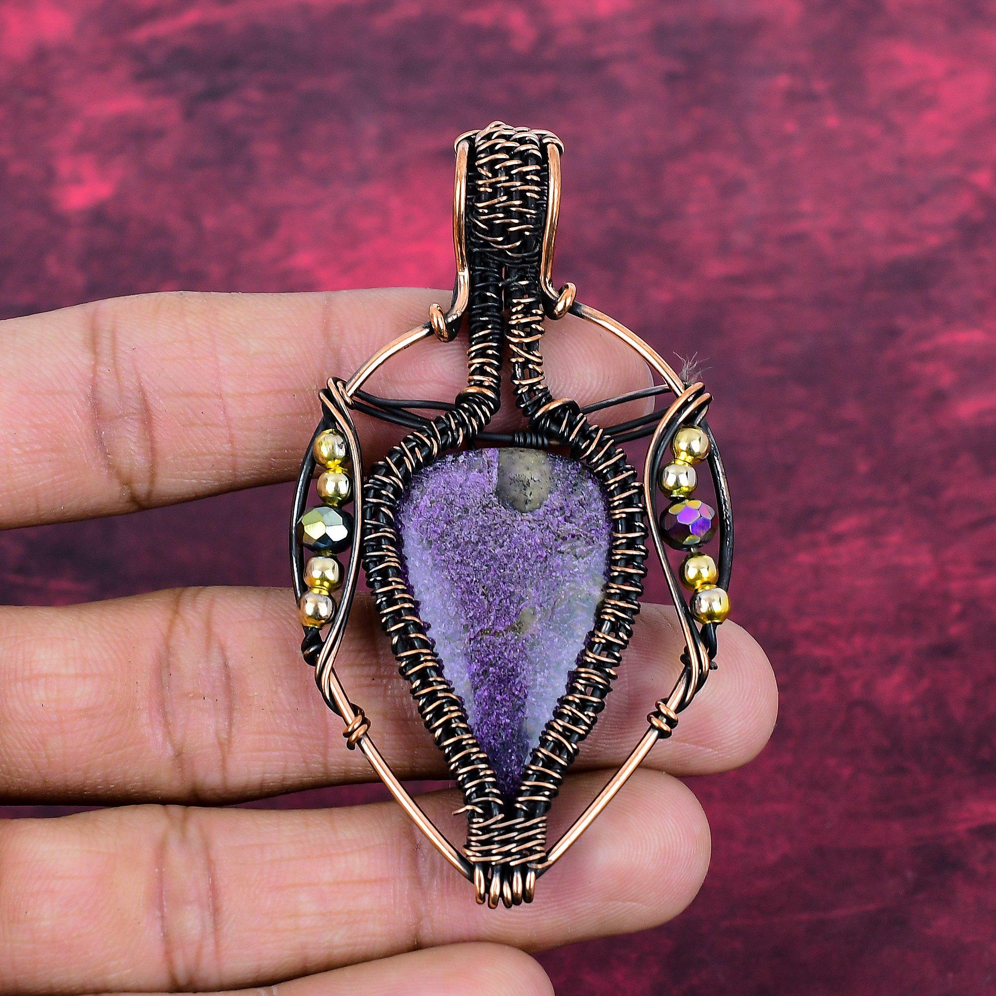 Purpurite Gemstone Pendant Copper Wire Wrapped Pendant Handmade Antique Jewelry