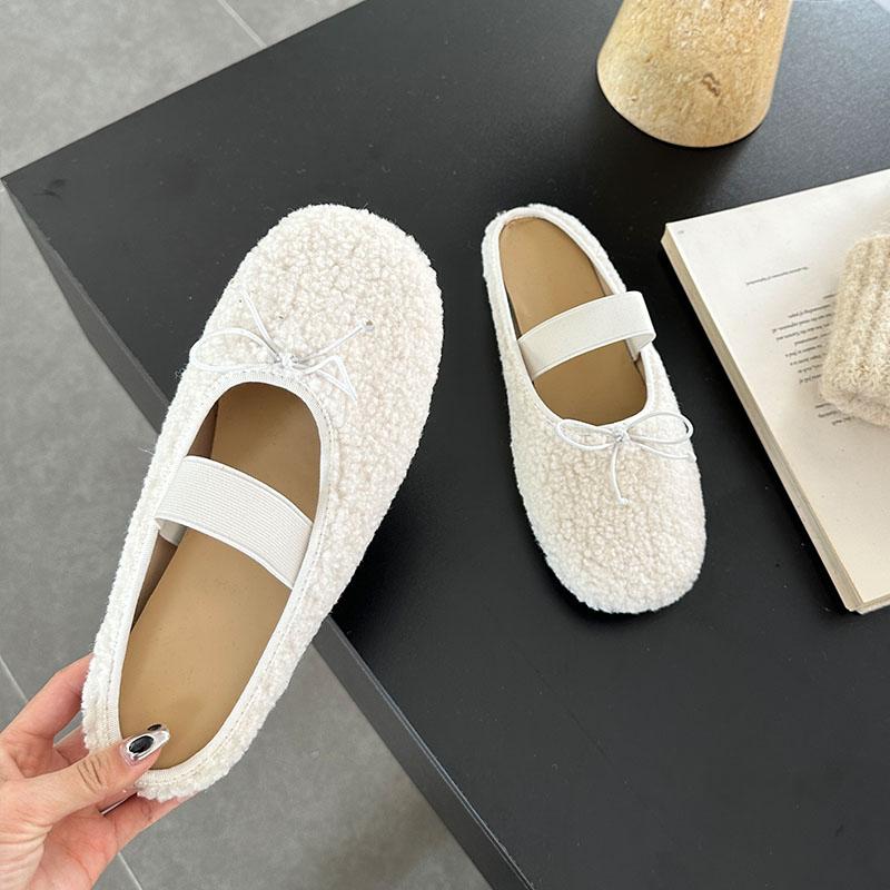 

Модные Зимние Теплые Женские Балетки с Мехом, Модные Мюли Женские с Бантом-Бабочкой, Меховые Тапочки, Повседневные Уличные Домашние Женские Шлепанцы 35 белый