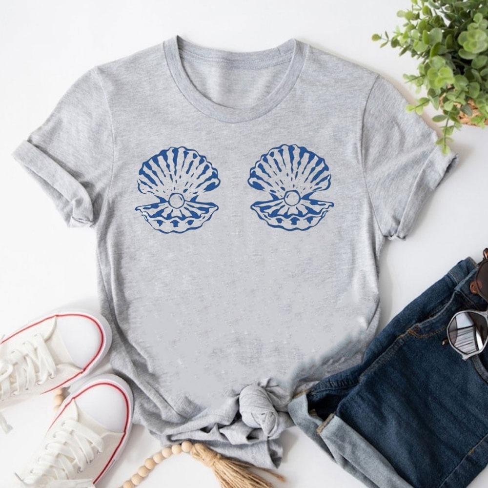 Pearl Clamshell Lady Print T-Shirt Beach Cover-Up Summer Casual Aesthetic Clothes Y2k Tops Graphic Tees Shirts for Women Y2K Top