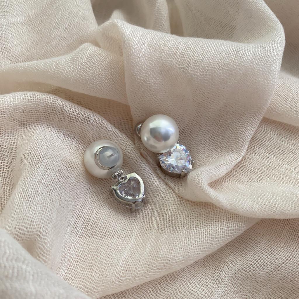 Romantic Heart-Shaped Gemstone Pearl Stud Earrings, Niche Design Sense, Zircon Pendant, Light Luxury And Elegant Temperament, Versatile