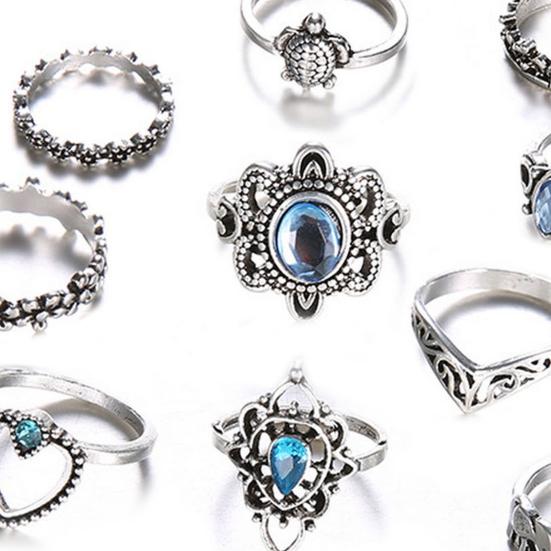 13 ks prstenů Vintage drahokamu Dekor Dutina Leštěný nerez vyřezávaný Star Crown Turtle Tvar Vynikající sada prstenů na prstech Lady Finger