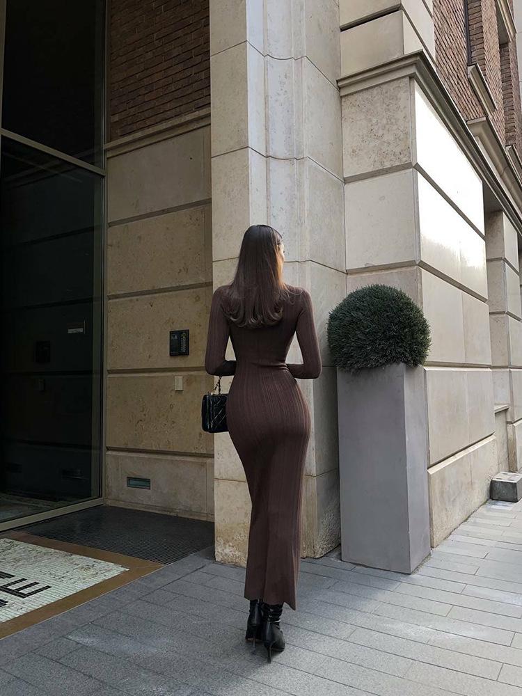 Autumn/Winter High Neck Bodycon Knitted Sweater Dress - European American Style