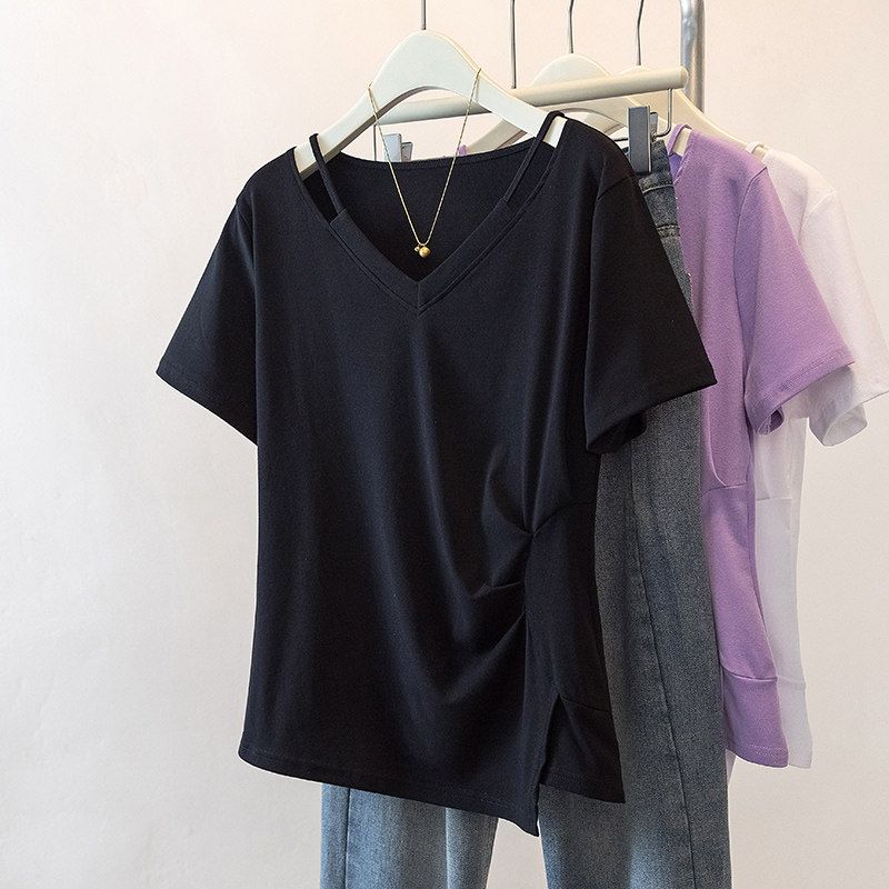 V Neck Asymmetrical Small Shirt Plus Size Ladies Covering Belly Thin Summer Wear