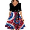 Women’s Vintage Scalloped Neck Half Sleeve Fit and Flare Dress with Star and Firework Print A Line Midi Skirt Tie Waist