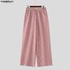 INCERUN Men Drawstring Elastic Waist Plaid Print Casual Long Wide Leg Pants Trousers