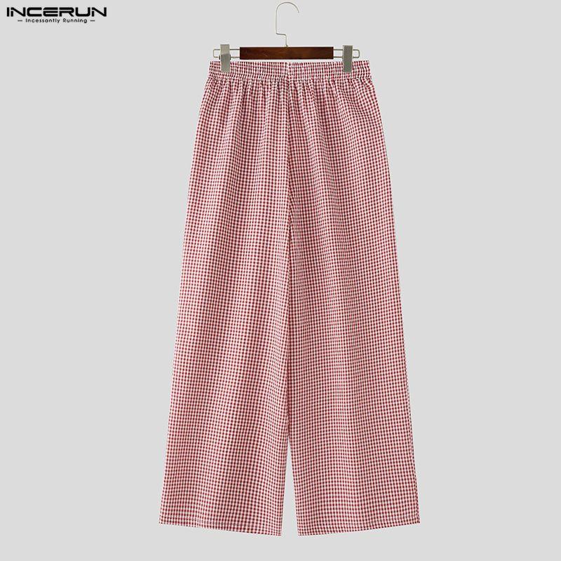 INCERUN Men Drawstring Elastic Waist Plaid Print Casual Long Wide Leg Pants Trousers