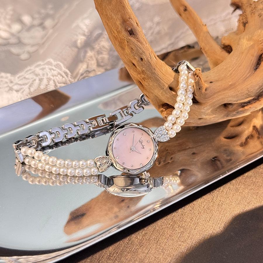 Ceas de mână brățară cu perle fine rafinate pe două rânduri, Ceas cu cuarț medieval de nișă francez de lux ușor