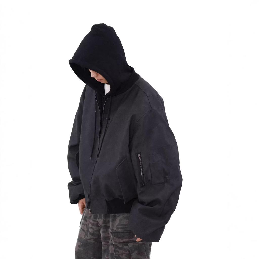 2026 Spring/Autumn Men's Trendy Loose Hooded Jacket - Fake Two-Piece, High Street Style