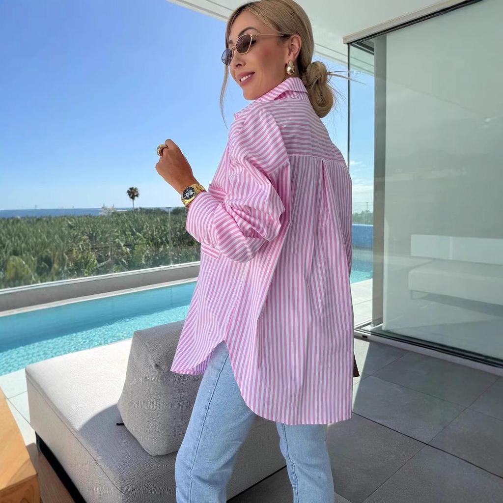Chemise Décontractée à Manches Longues et Poches Rayées pour Femmes Printemps 2025