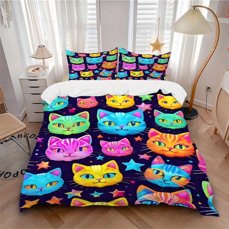 3pcs Colorful Cats Bedding Set, Suitable for Bedroom Decoration, (Includes 1 Duvet Cover And 2 Pillowcases, Quilt Not Included) yy250822117