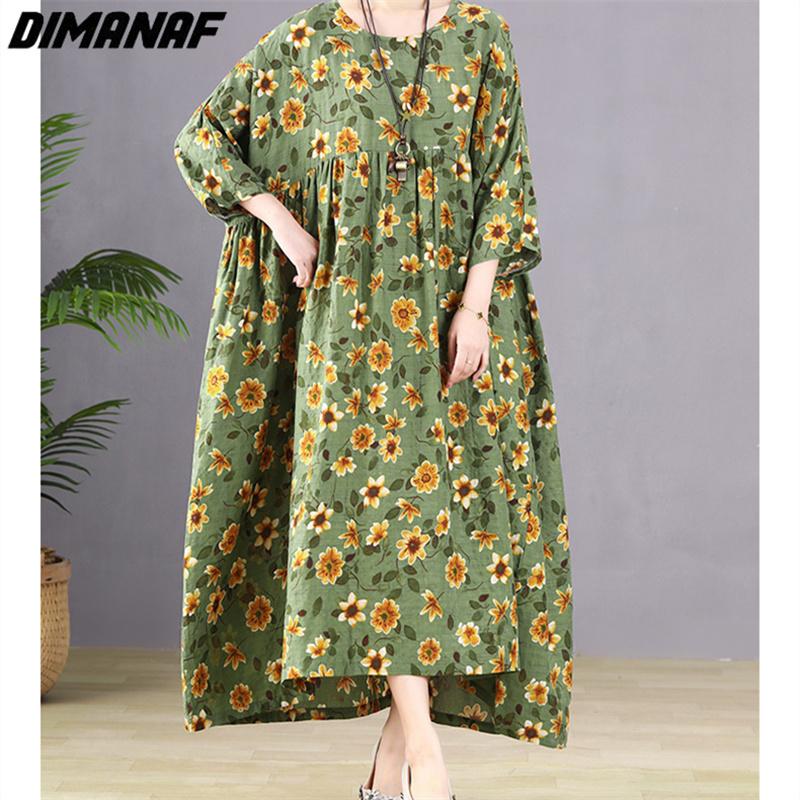 Dimanaf Plus Größe Frauen 2023 Neue Sommer Stil Kleid Lange Hülse O-ansatz Floral Lose Kleid Grün Leinen Grund Kleider