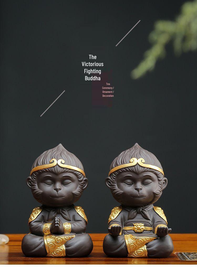 Zisha Ceramic Sun Wukong Tea Pet - Great Sage Monkey With Tea Set, Home Decoration, Auspicious Clouds, Attracting Wealth.