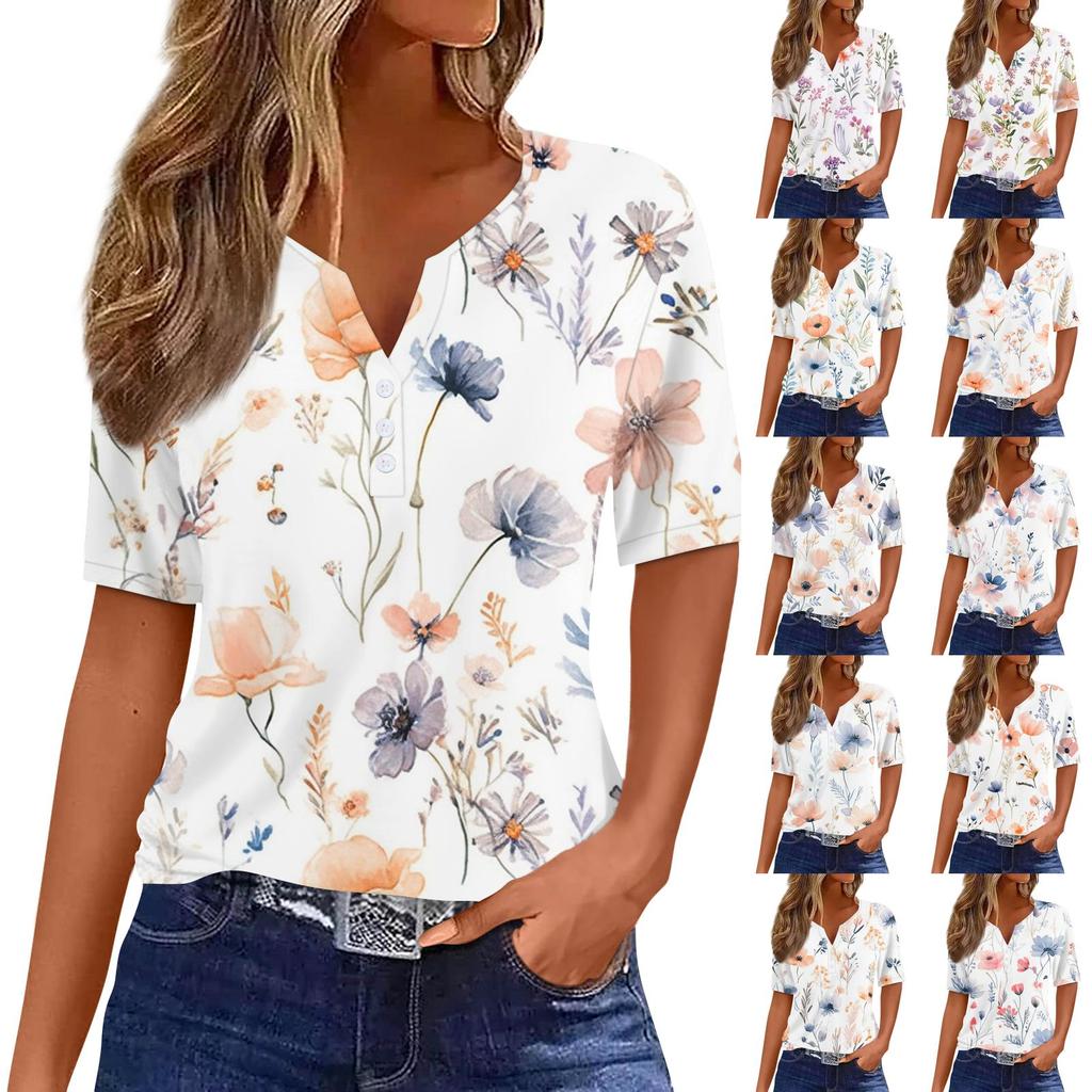 Women's T Shirt Print Button Short Sleeve Daily Weekend Fashion Basic V-Neck Regular Top