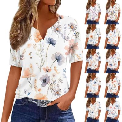 Women's T Shirt Print Button Short Sleeve Daily Weekend Fashion Basic V-Neck Regular Top