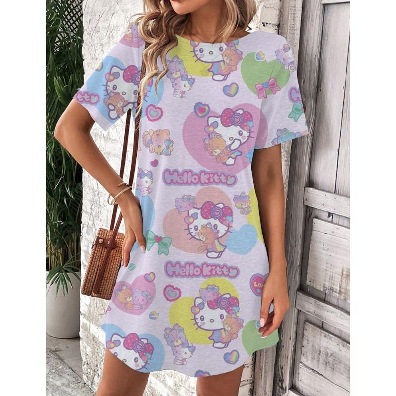Mini Sukienka Elegancka Sukienka Damska Hello Kitty Okrągły Dekolt Krótki Rękaw Modna Lato 2025 Moda Seksowna