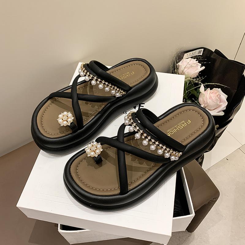 Rhinestone Pearl Two Wear Sandals Girl 2025 Summer New Set Toe One Word Fairy Beach Platform Fashion Cool Slippers