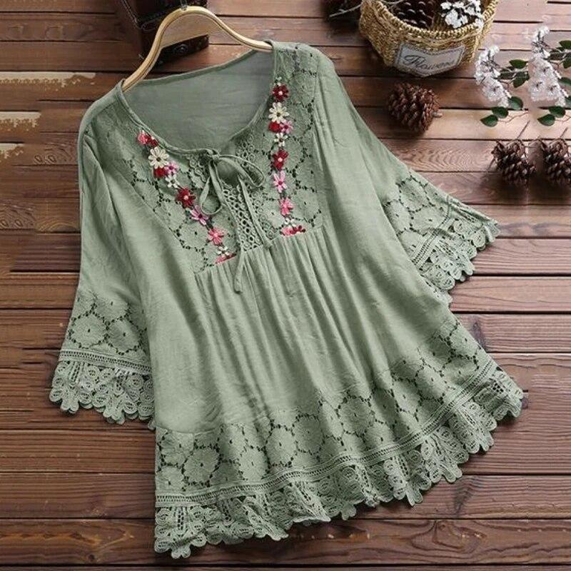 Letní bavlněná lněná prošívaná krajková halenka dámská výstřih do V volná bílá košile žena vyšívaná vintage zvonové rukávy topy 30659