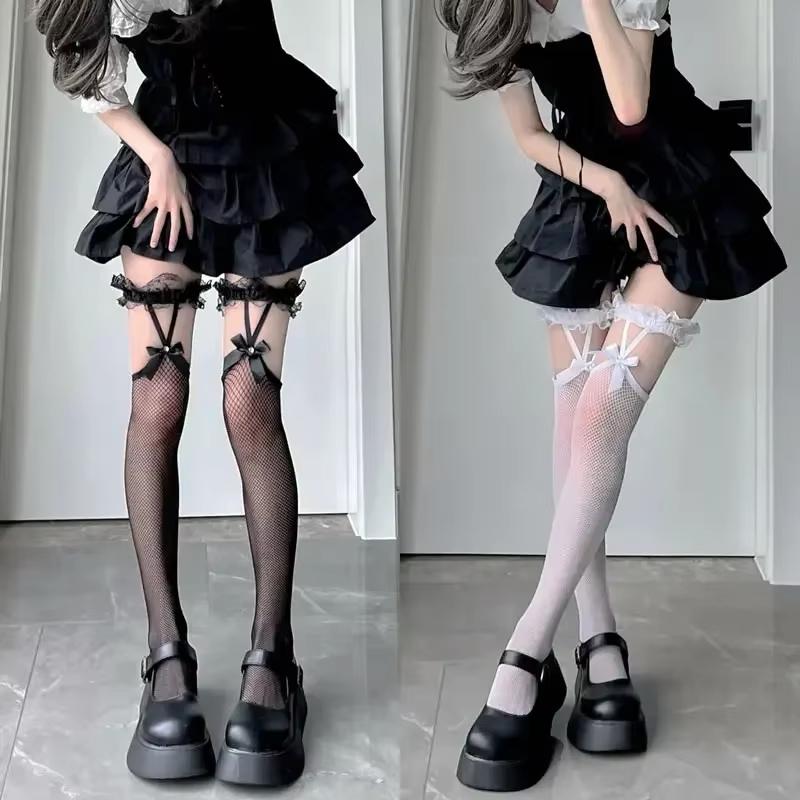 JK Lolita Womens Medium Stockings Japanese Lace Bow Suspenders Knee Mesh With Drill Black Wire High Stockings