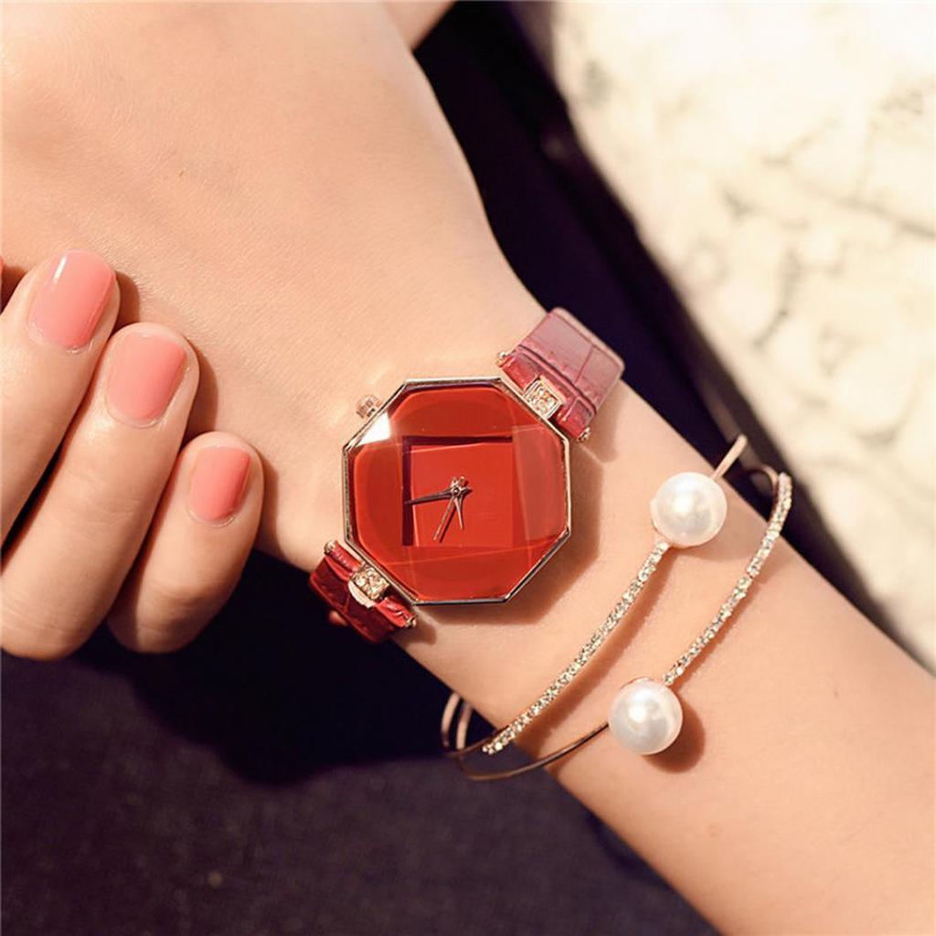Women 's Faux Leather Band Analog Quartz Rhombic Case Wrist Watch Gift