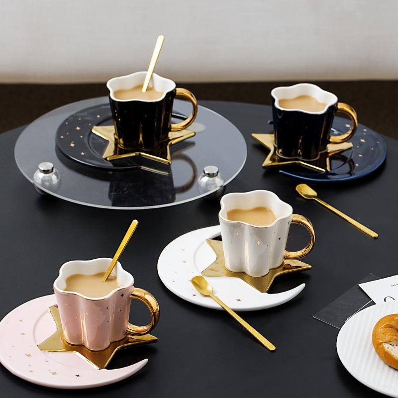 Nordic Ceramic Coffee Cup Saucer Creative High end Gold-patterned Hand Patterned Mug Fashionable Star Moon Style Coffee Cup Saucer