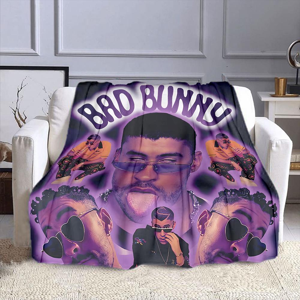 "Stylish Bad Bunny Collage Design" Patterned Flannel Blanket Perfect for the Bedroom Living Room, Sofa, or a Little Nap