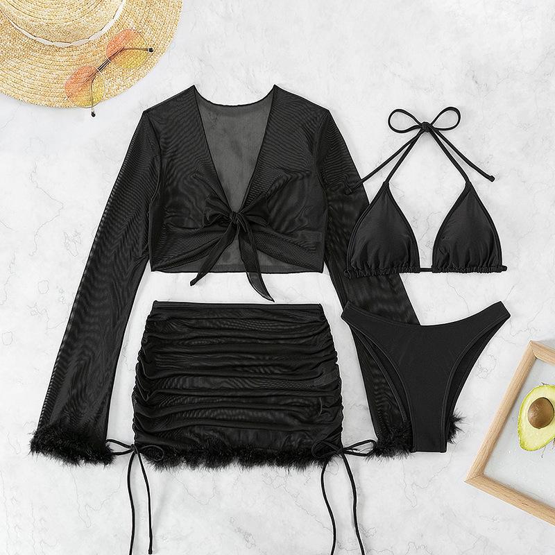 2024 Damen Vier-Teiler Mesh Langarm Bikini-Set mit Sonnenschutz
