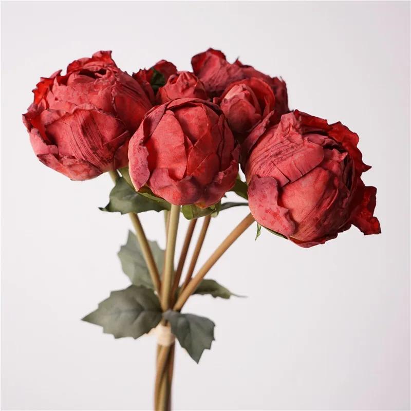 Artificial Handmade Burnt Edge Peonies Bouquet Silk Fake Flowers Office Decor Simulation Peony Bud Red Flower Table Decorative