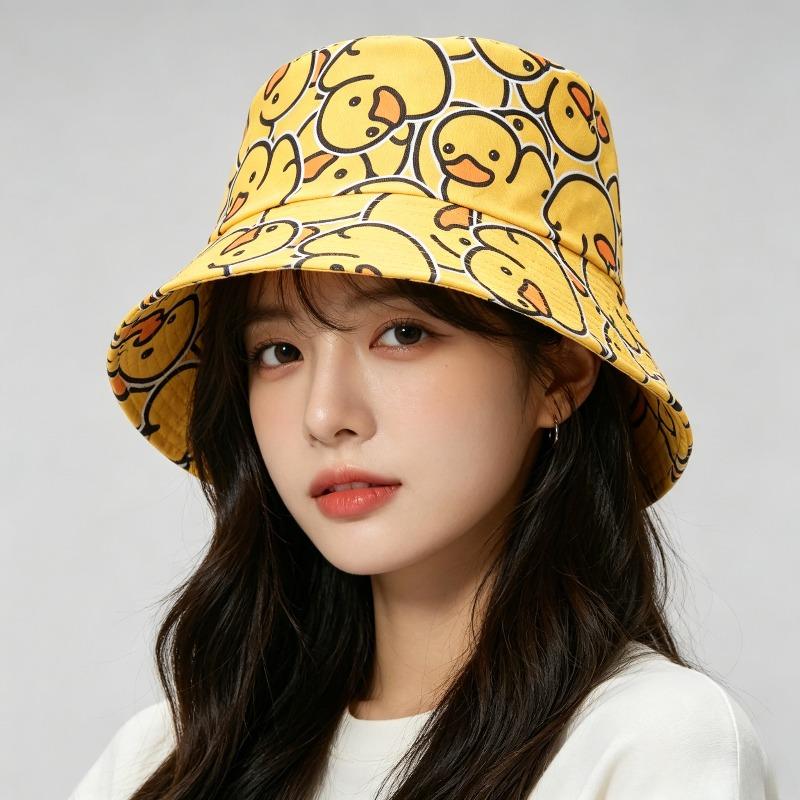 New Unisex Print Yellow Duck Bucket Hats Sunshade Double Sided Wearable Fashion Cute Casual Fisherman Caps Versatile Cartoon Ins